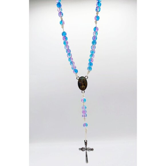 Child Rosary Necklace Blue Pink Beads Metal Cross Holy Family Picture Catholic - Picture 11 of 11
